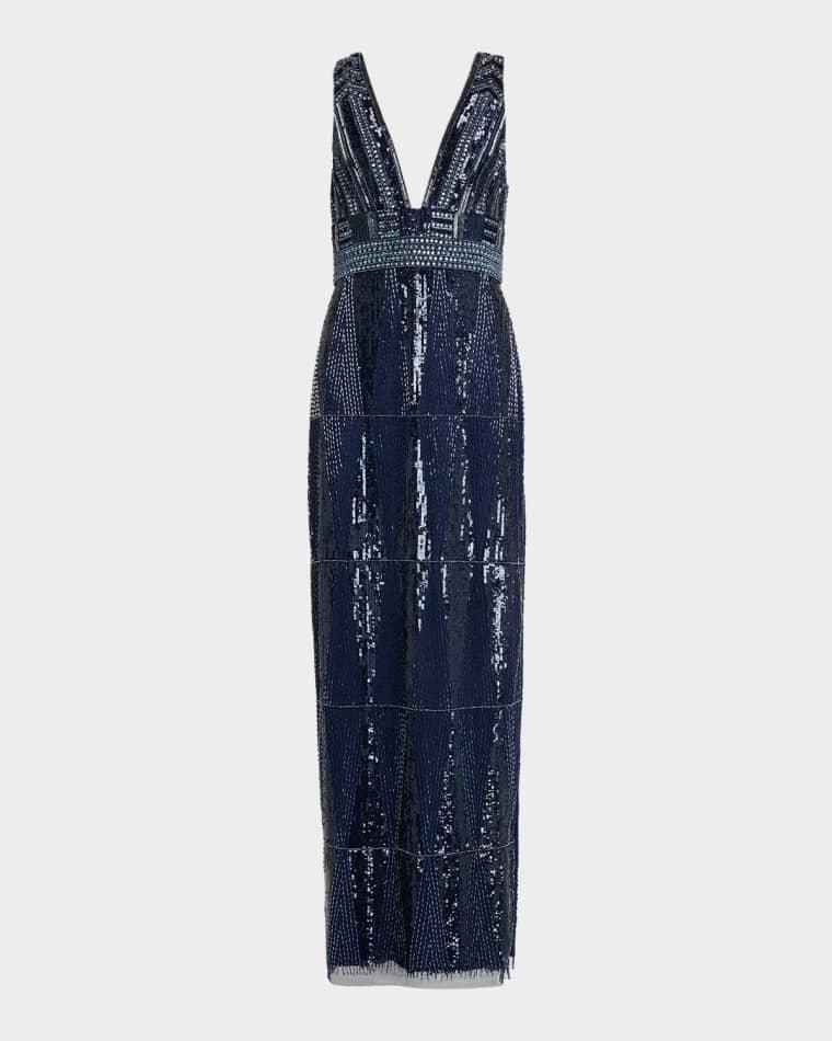 Beaded Deep V-Neck Column Gown by AIDAN MATTOX