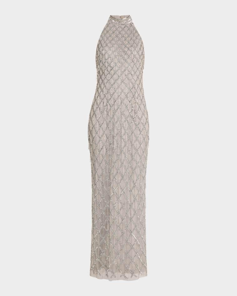 Beaded Halter Column Gown by AIDAN MATTOX
