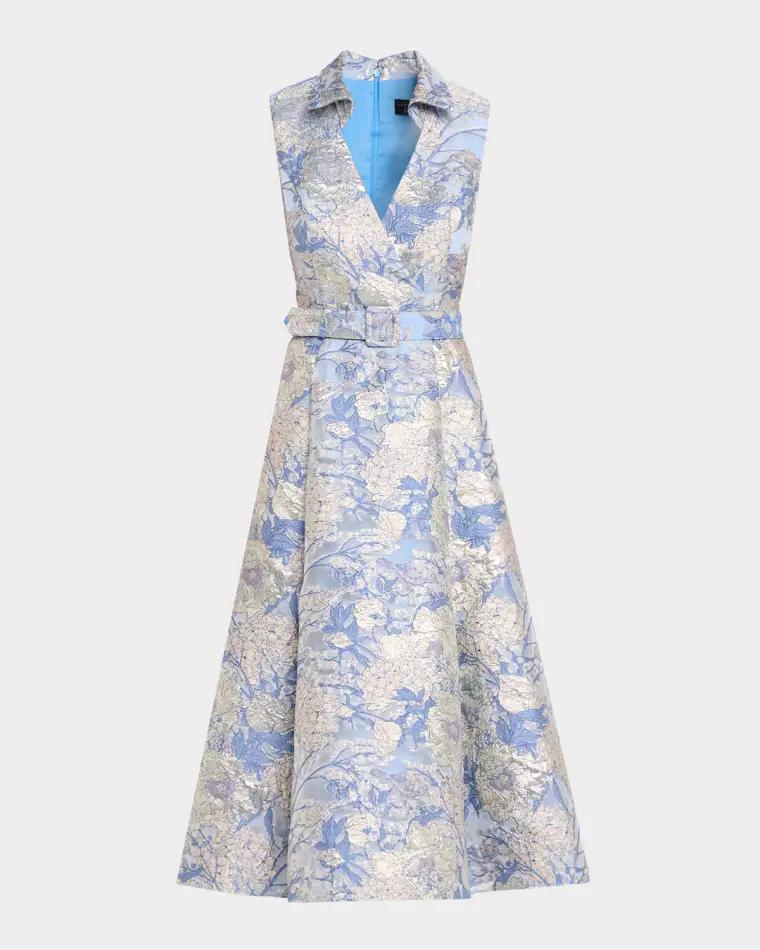 Belted Metallic Floral Jacquard Midi Dress by AIDAN MATTOX