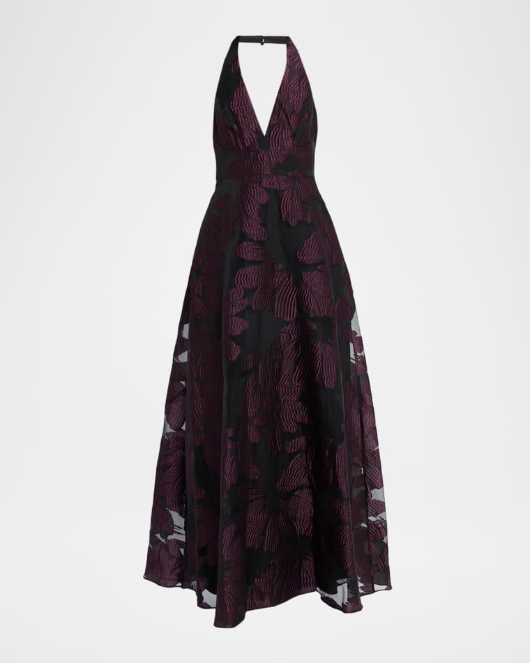 Deep V-Neck Floral Jacquard Organza Gown by AIDAN MATTOX