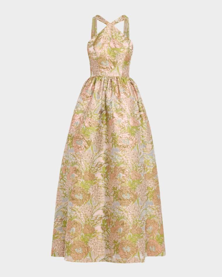 Draped Floral Jacquard Halter Gown by AIDAN MATTOX
