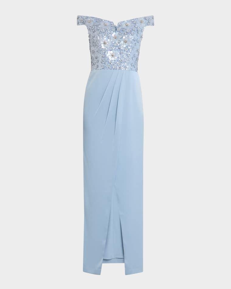 Off-Shoulder Bead & Sequin Column Gown by AIDAN MATTOX