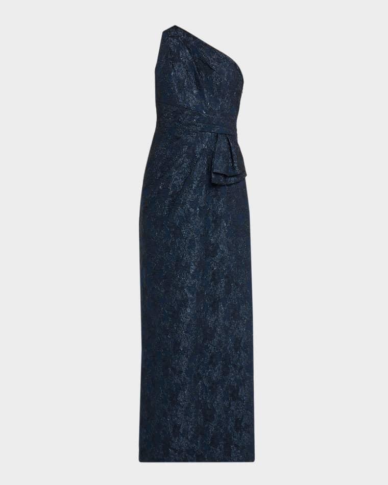 One-Shoulder Metallic Jacquard Column Gown by AIDAN MATTOX