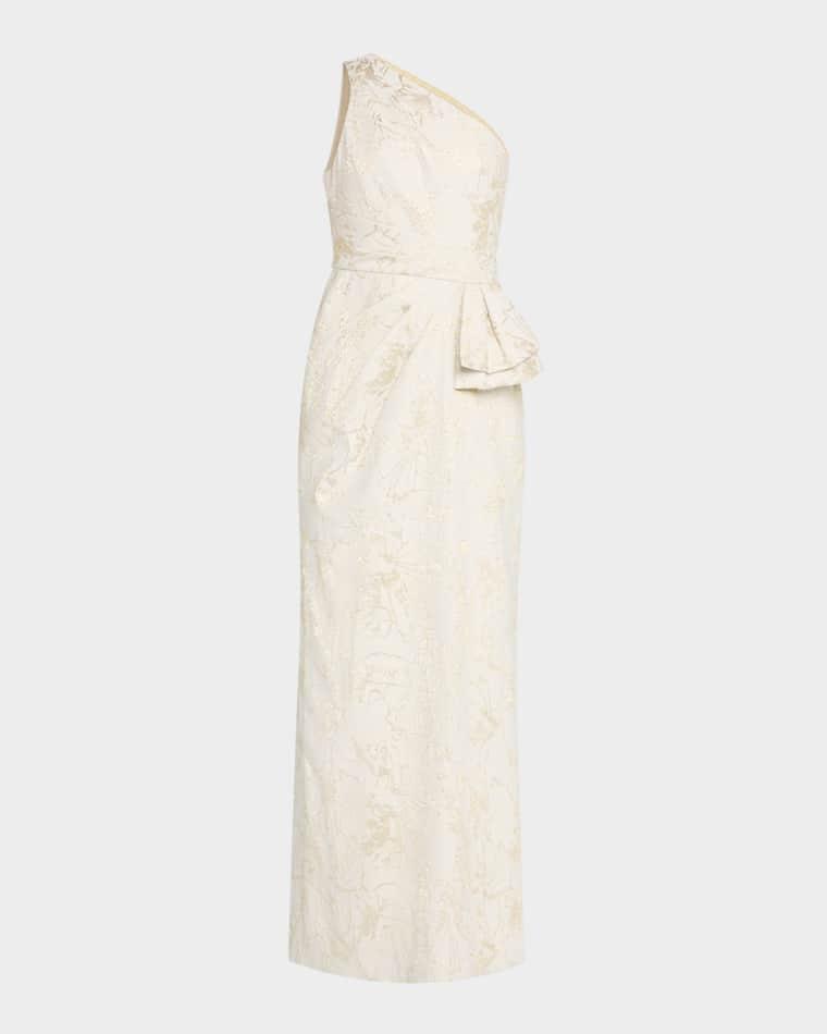 One-Shoulder Metallic Jacquard Column Gown by AIDAN MATTOX