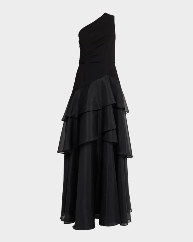 One-Shoulder Ruffle Tiered Gown by AIDAN MATTOX