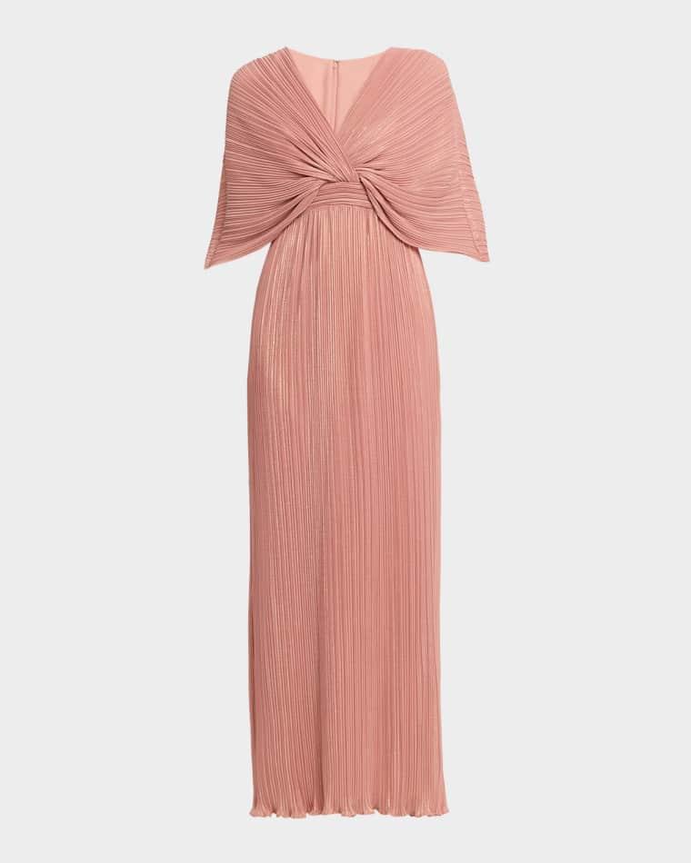 Pleated Metallic Chiffon Column Gown by AIDAN MATTOX