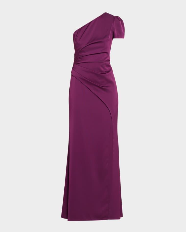 Pleated One-Shoulder Crepe Back Satin Gown by AIDAN MATTOX