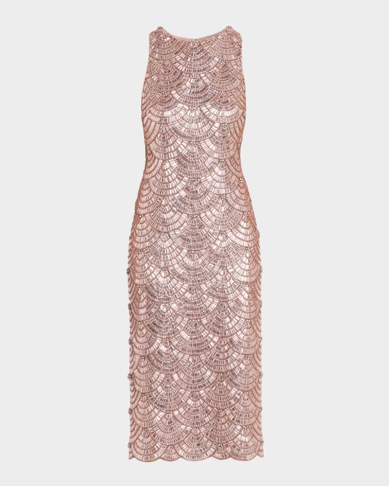 Scalloped Bead & Crystal Midi Sheath Dress by AIDAN MATTOX