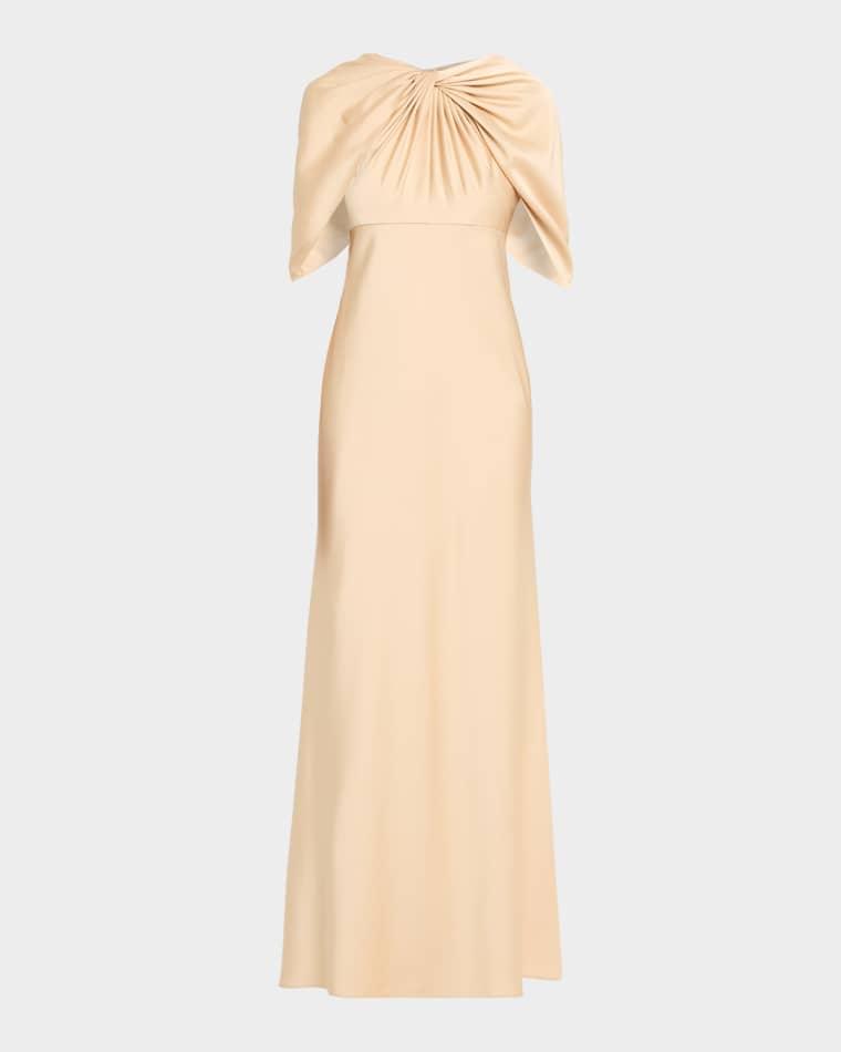 Twist-Front Satin Cape Gown by AIDAN MATTOX