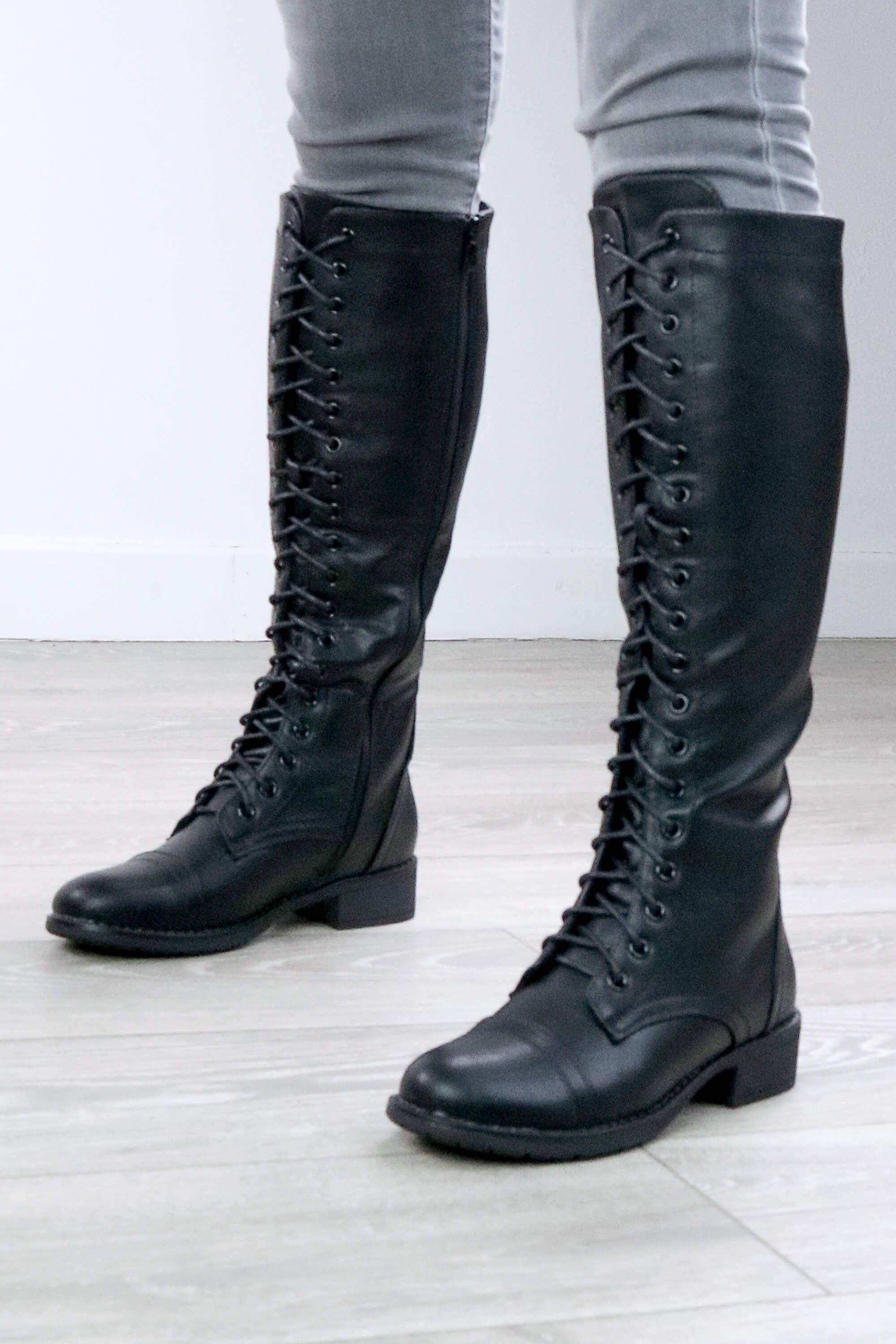 Biker Lace Up Military Combat Style Knee High Boots by AJVANI