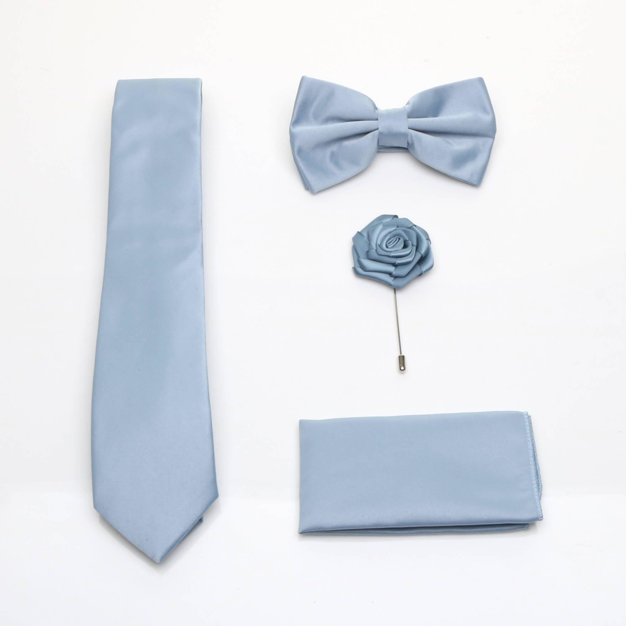 Formal Wedding Pocket Square + Bowtie + Flower Buttonhole Pin + Tie Set by AJVANI