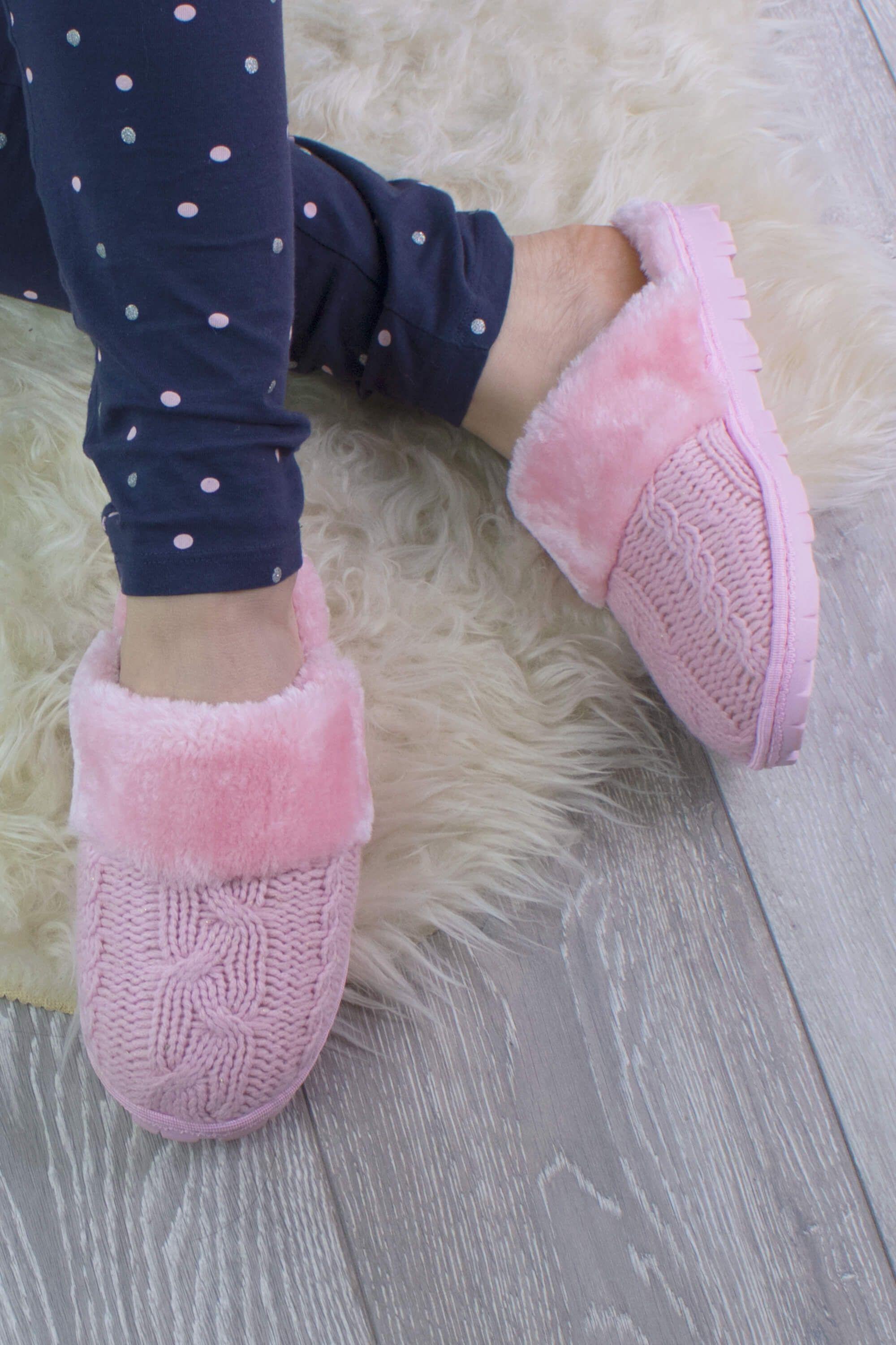Heel Glitter Cable Knit Faux Fur Lined  Slippers by AJVANI