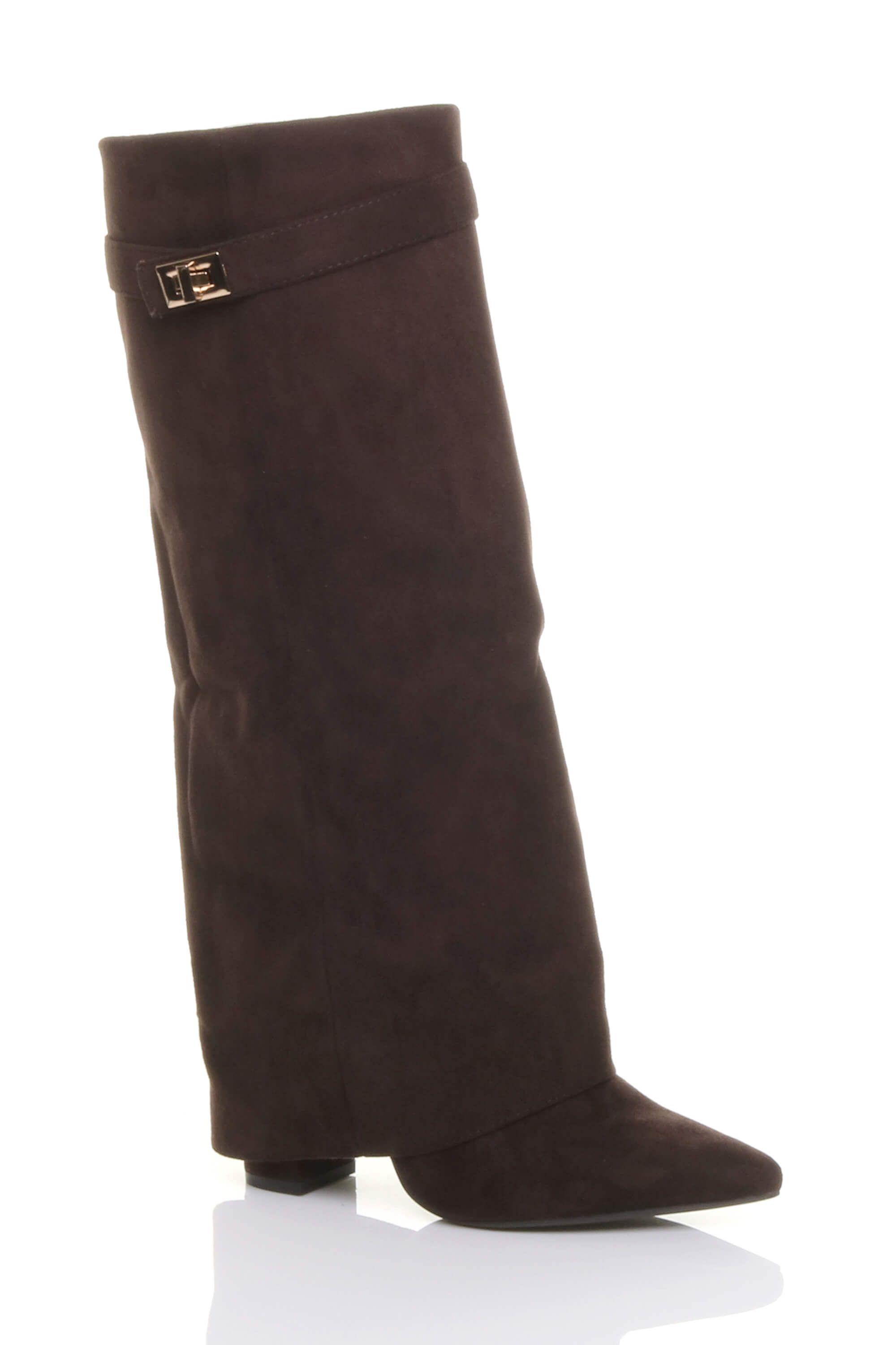 High Block Heel Pointed Toe Fold Over  Knee High Boots by AJVANI
