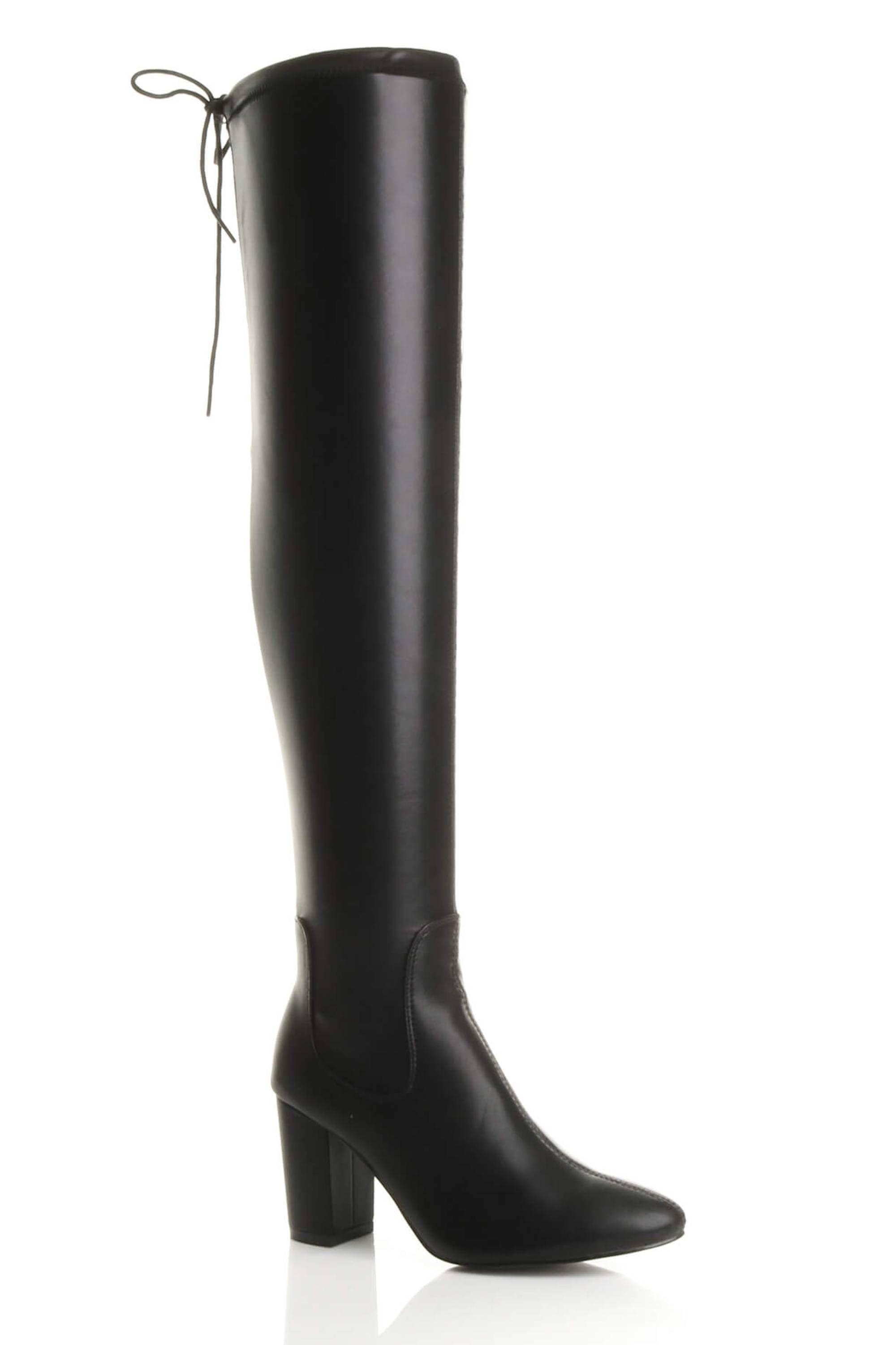 High Block Heel Stretchy Sock Faux Leather Over The Knee Boots by AJVANI High Block Heel Stretchy Sock Faux Leather Over The Knee Boots by AJVANI