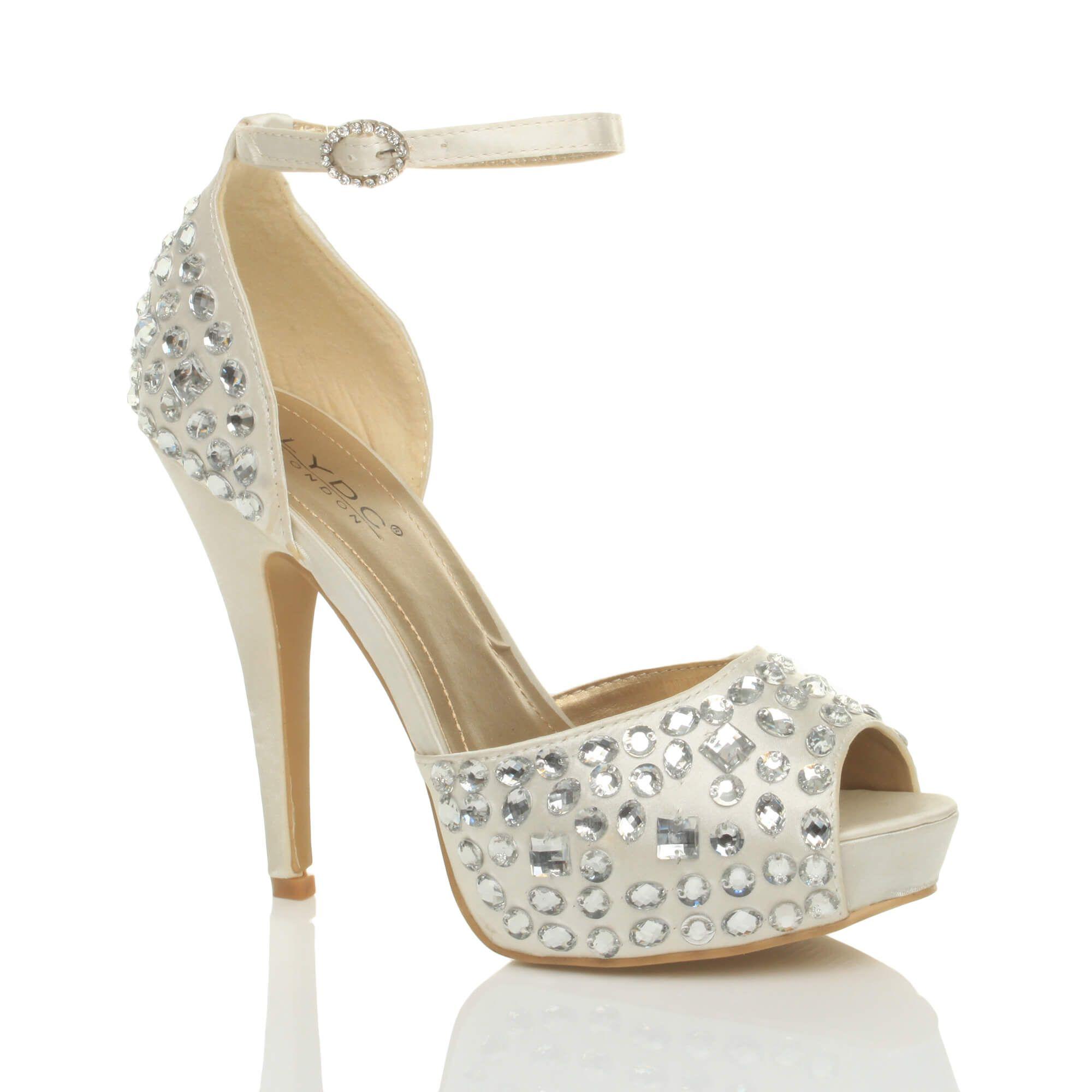 High  Heel Gem Ankle Strap Peep Toe Satin 2 Part Heels by AJVANI
