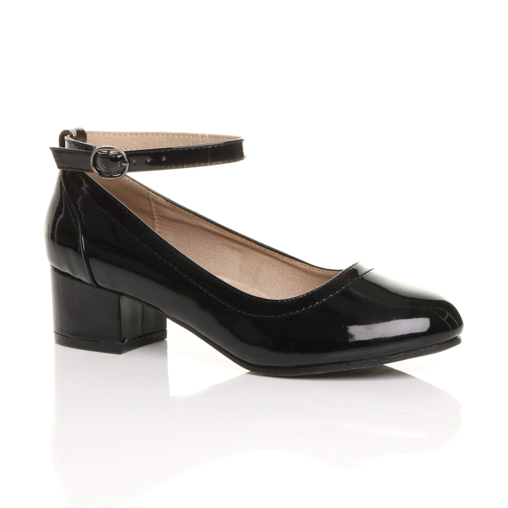 Low Block Heel Comfort Ankle Strap Patent Court Shoes by AJVANI