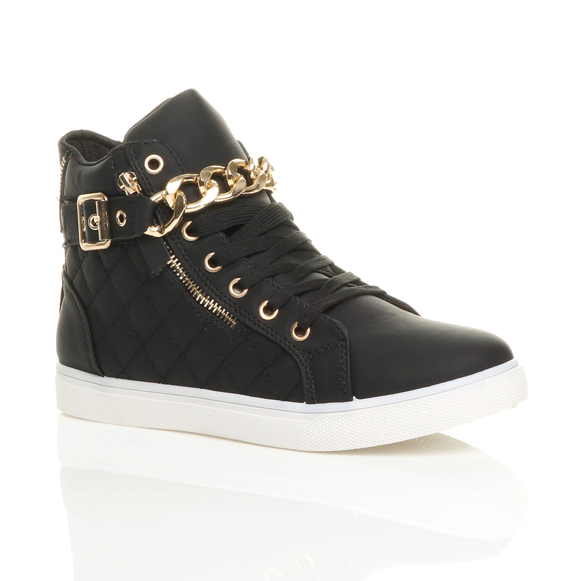 Low  Heel Gold Chain Lace Up Trainers Faux Leather Hi Tops by AJVANI