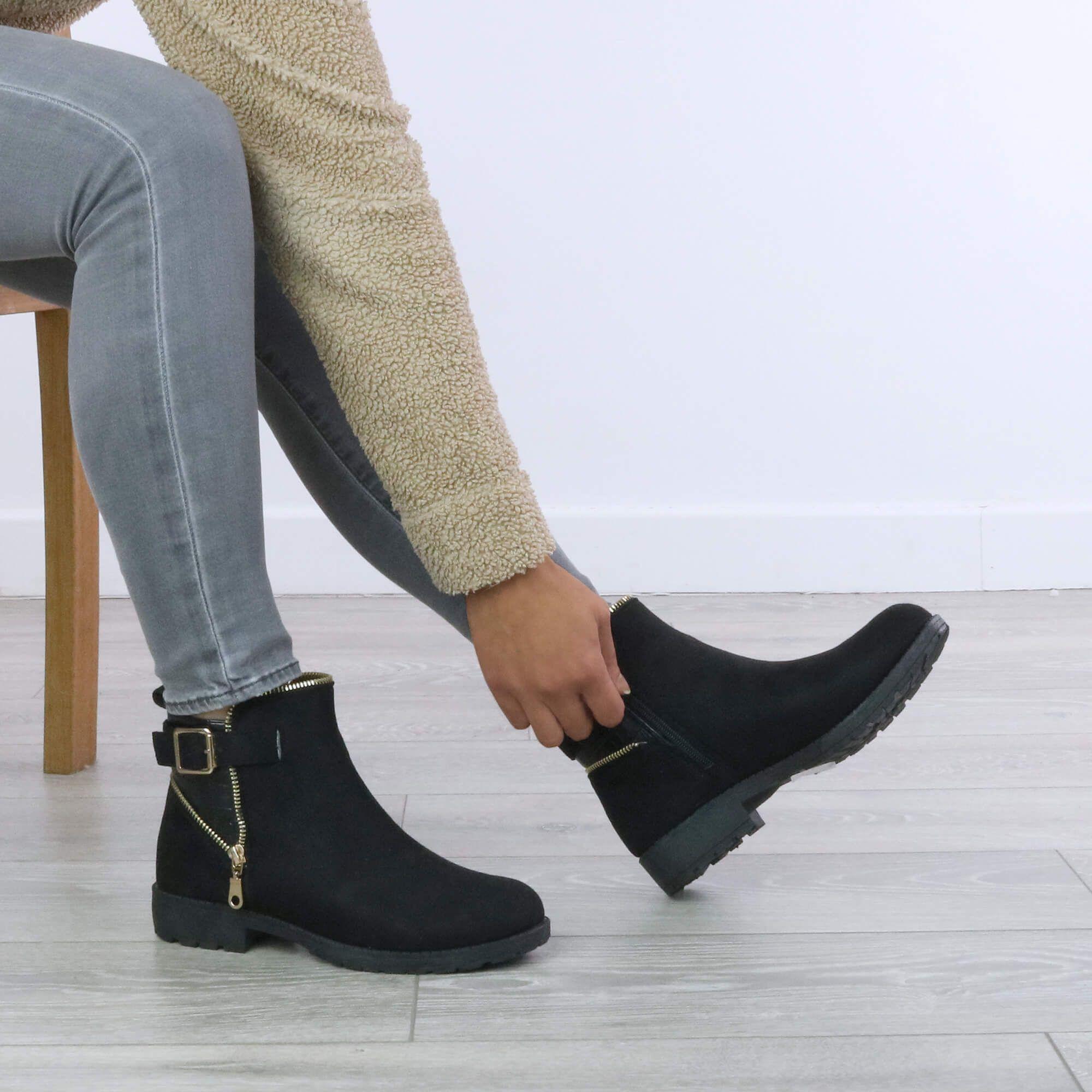 Low  Heel Gold Zip Ankle  Biker Boots by AJVANI