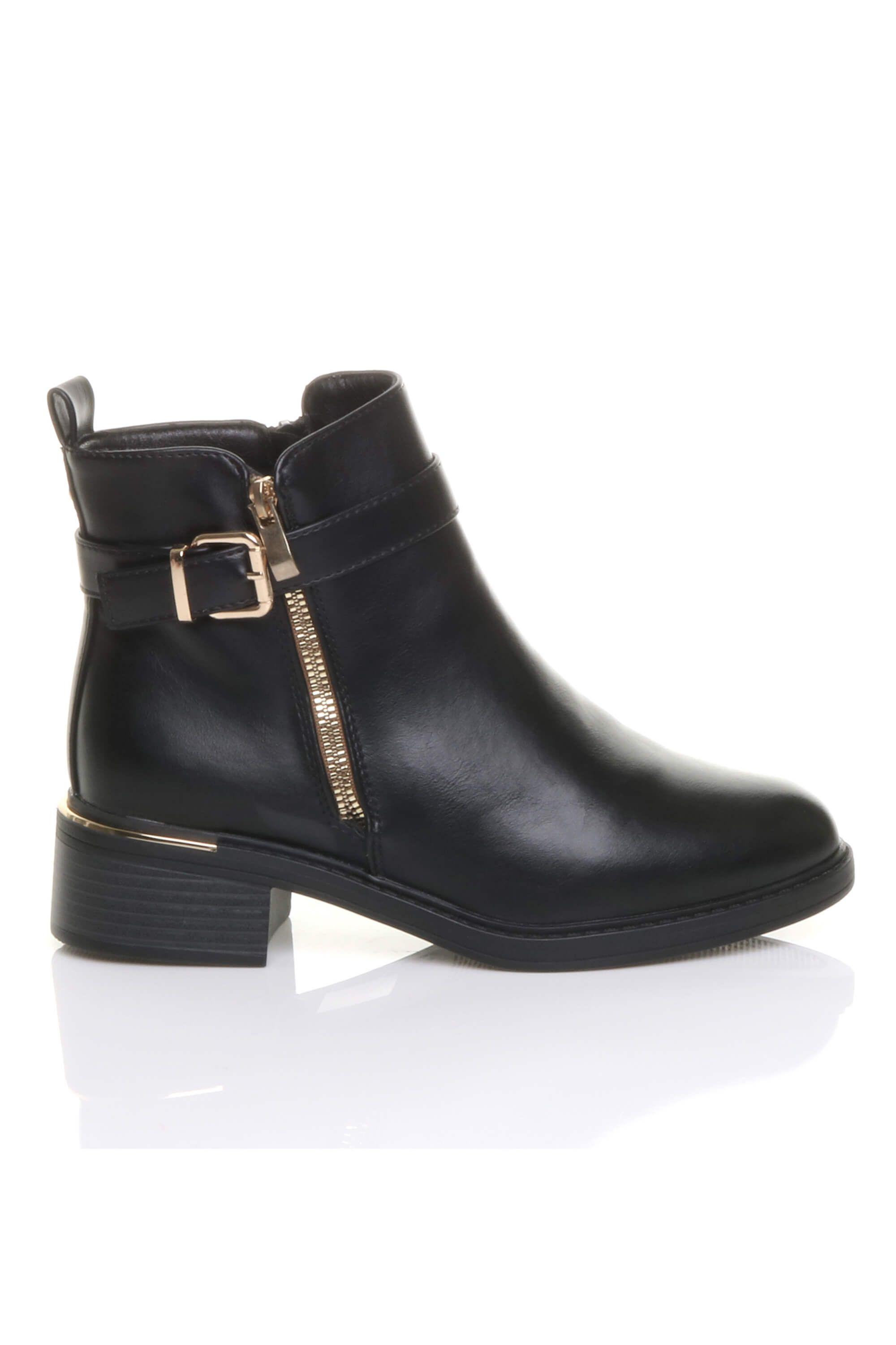 Low  Heel Gold Zip Chunky Sole Buckle  Ankle Boots by AJVANI