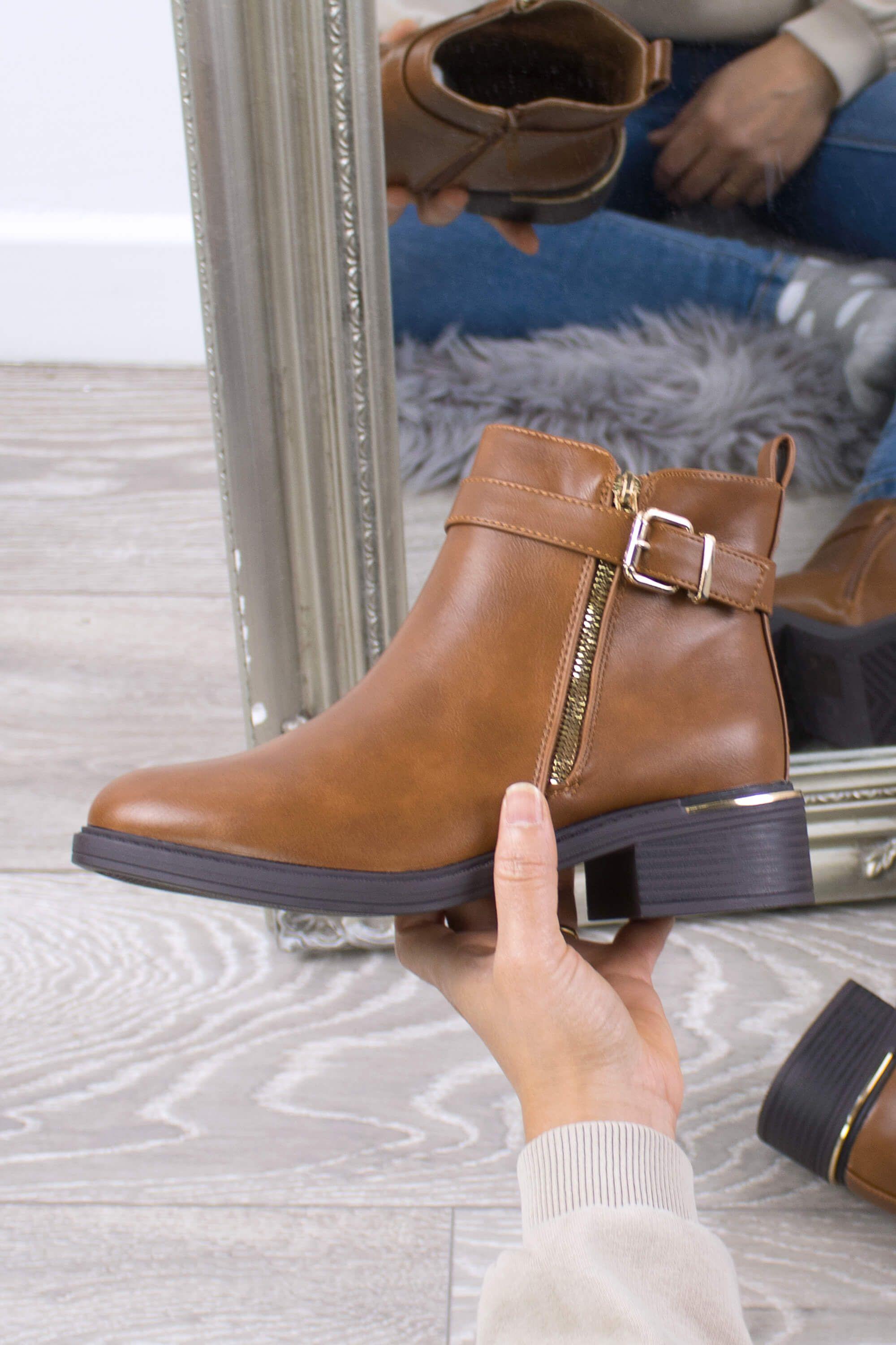 Low  Heel Gold Zip Straps  Ankle Boots by AJVANI