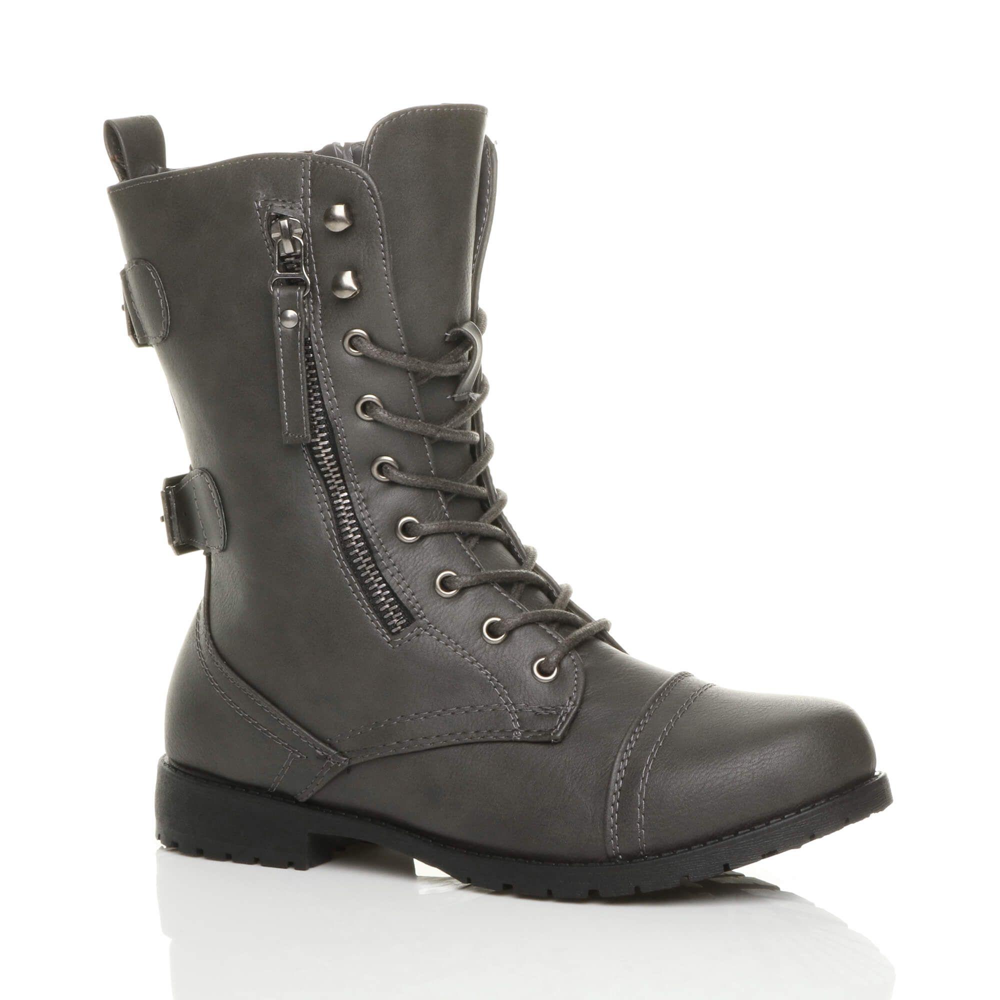 Low  Heel Lace Up Zips Military Biker Faux Leather Ankle Boots by AJVANI