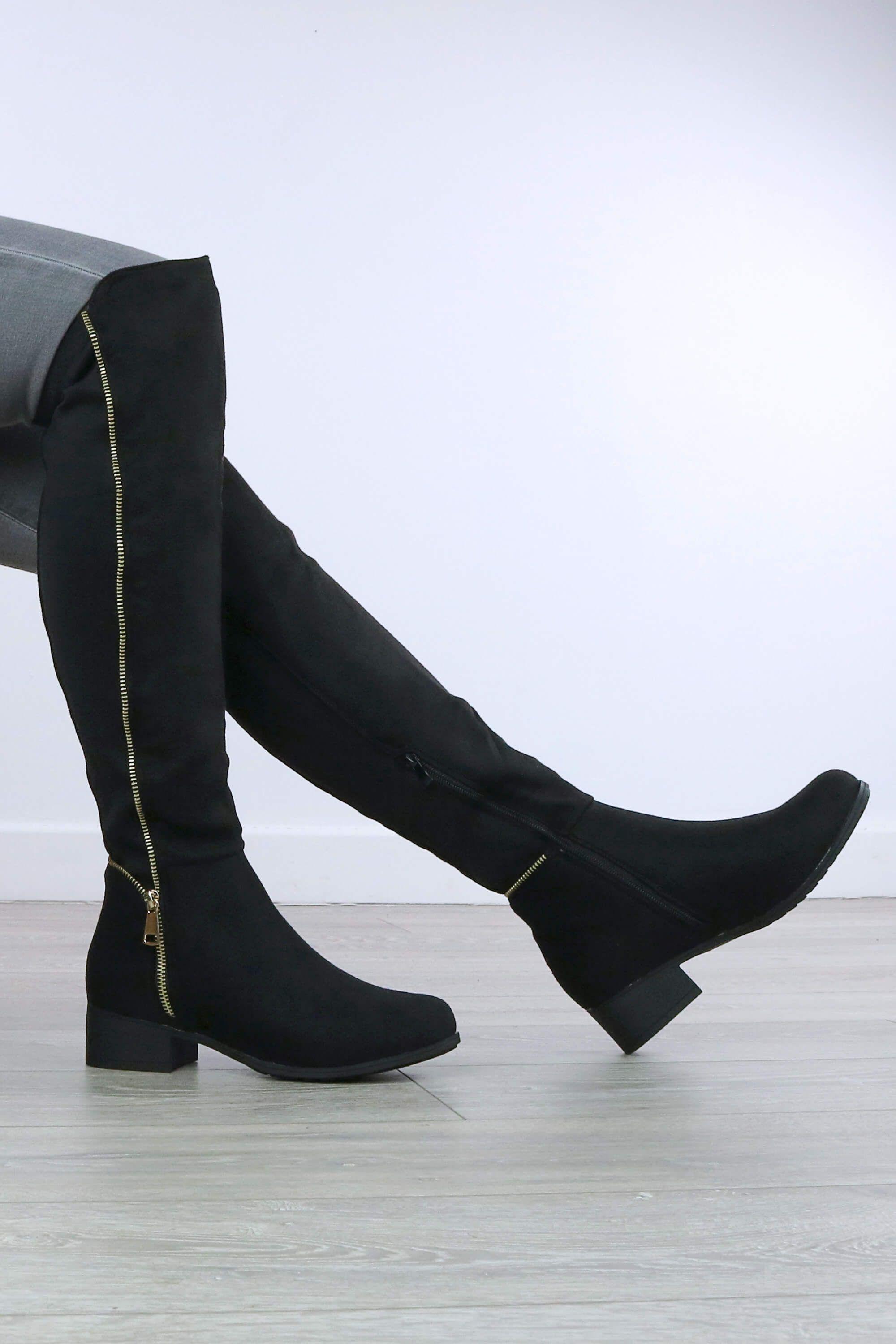 Low  Heel Stretchy Gold Zip  Over The Knee Boots by AJVANI