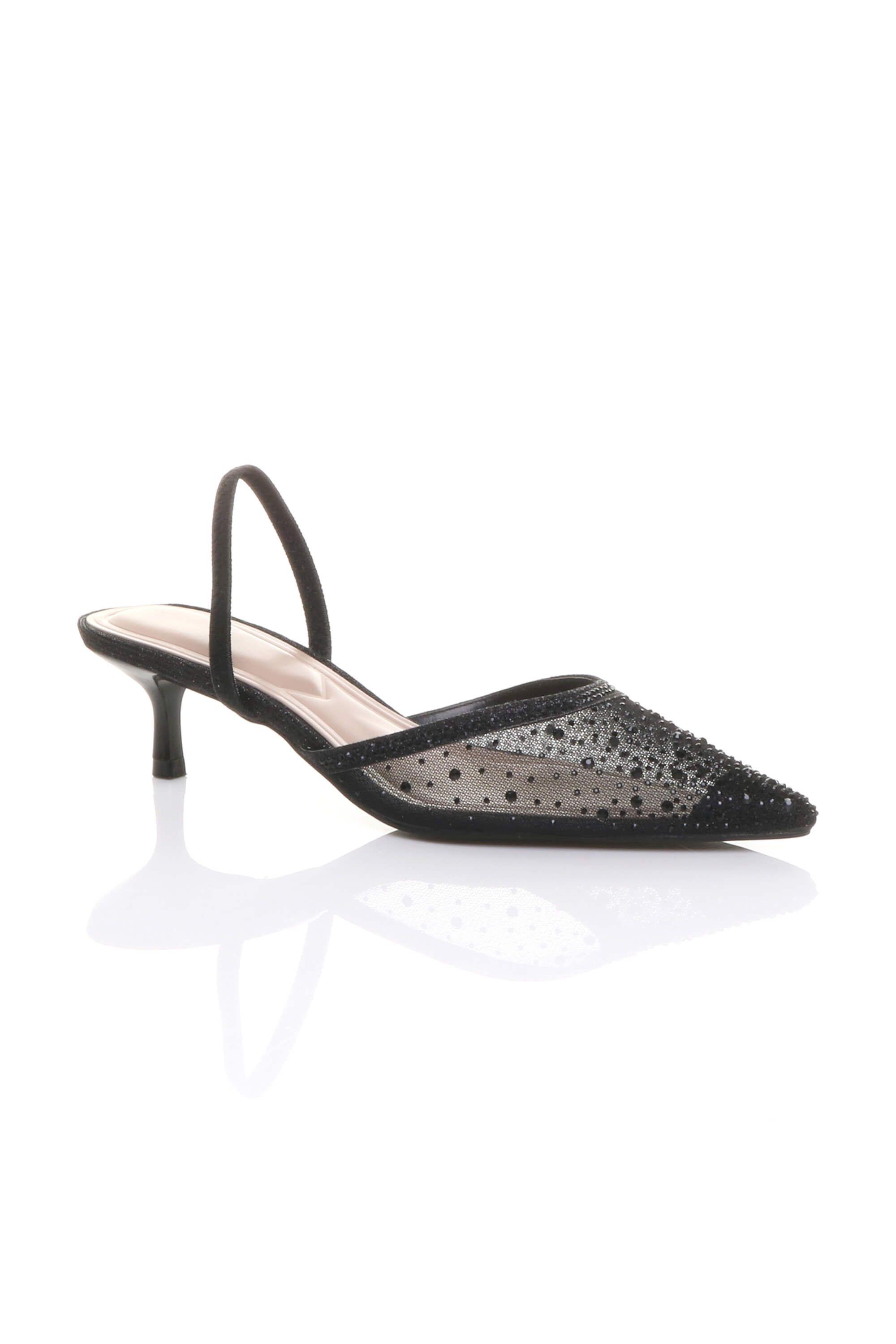 Low Mid Kitten Heel Diamante Mesh Pointed Toe Slingback Mules by AJVANI
