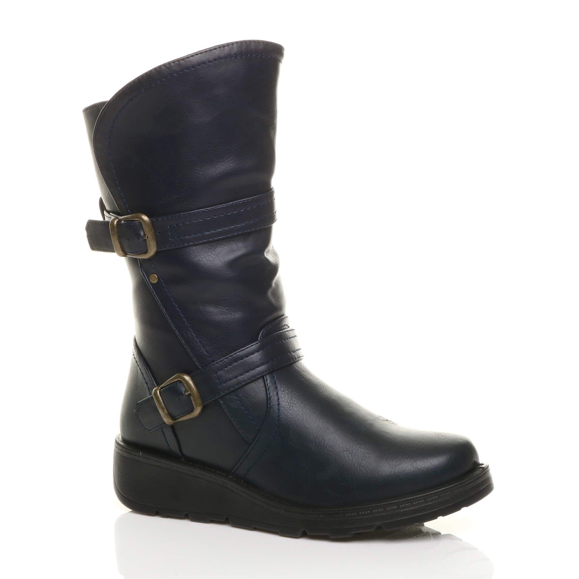 Low Wedge Heel Comfort Calf Biker Boots by AJVANI