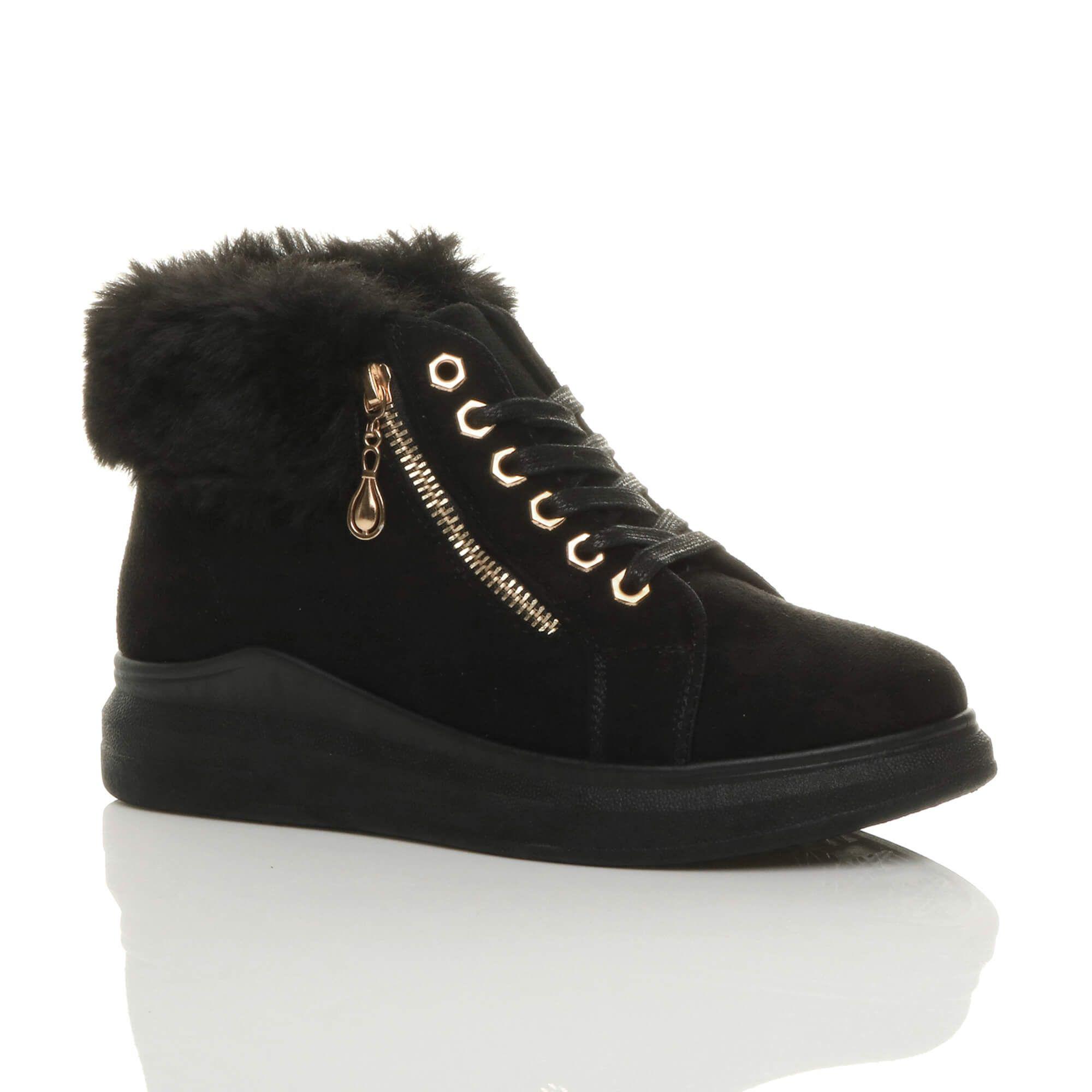 Low Wedge Heel Lace Up Faux Fur Trim Ankle Boots  Hi Tops by AJVANI