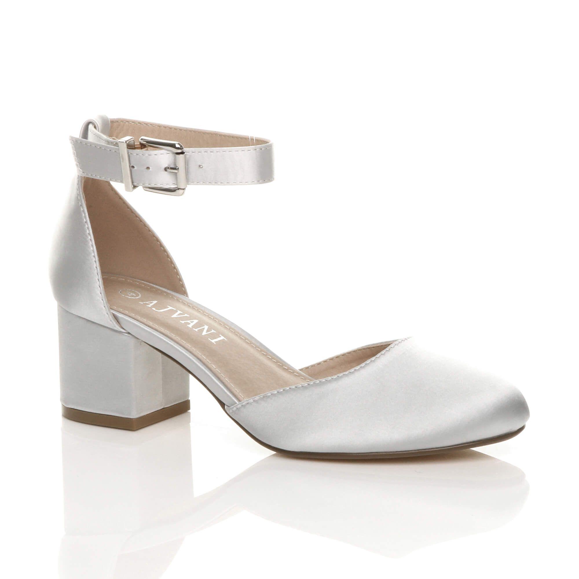 Mid Block Heel Ankle Strap Satin 2 Part Heels by AJVANI