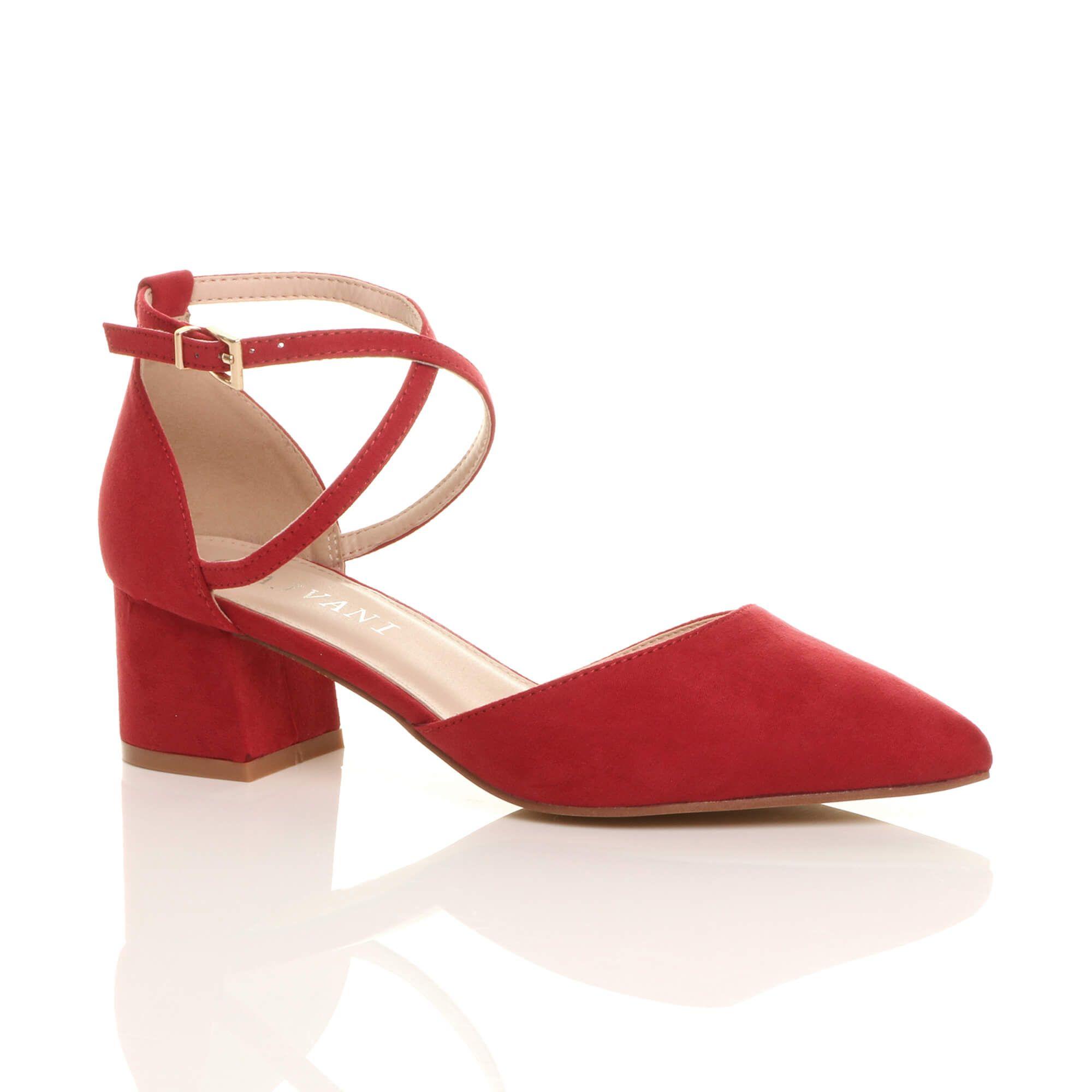 Mid Block Heel Crossed Strap Pointed Toe Faux Suede 2 Part Heels by AJVANI
