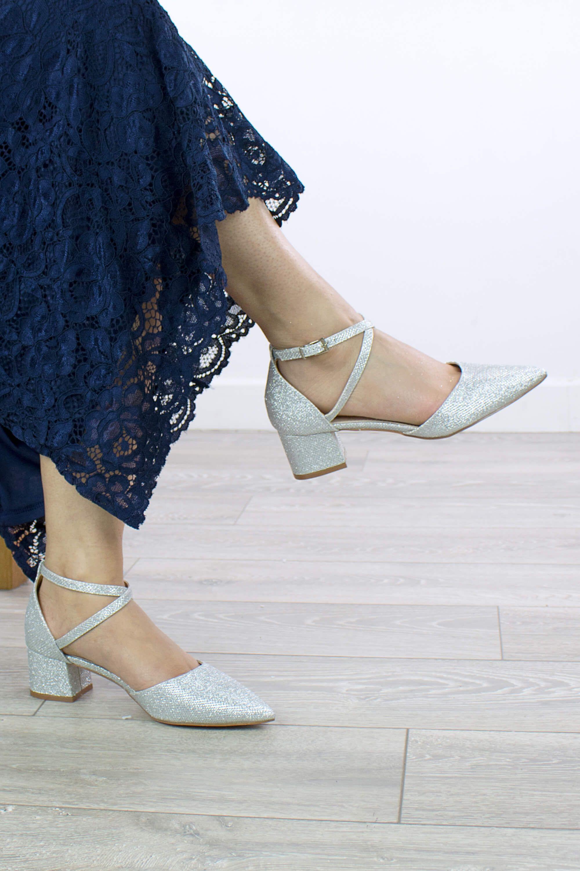 Mid Block Heel Glitter Pointed Toe Evening Party  Strappy Heels by AJVANI