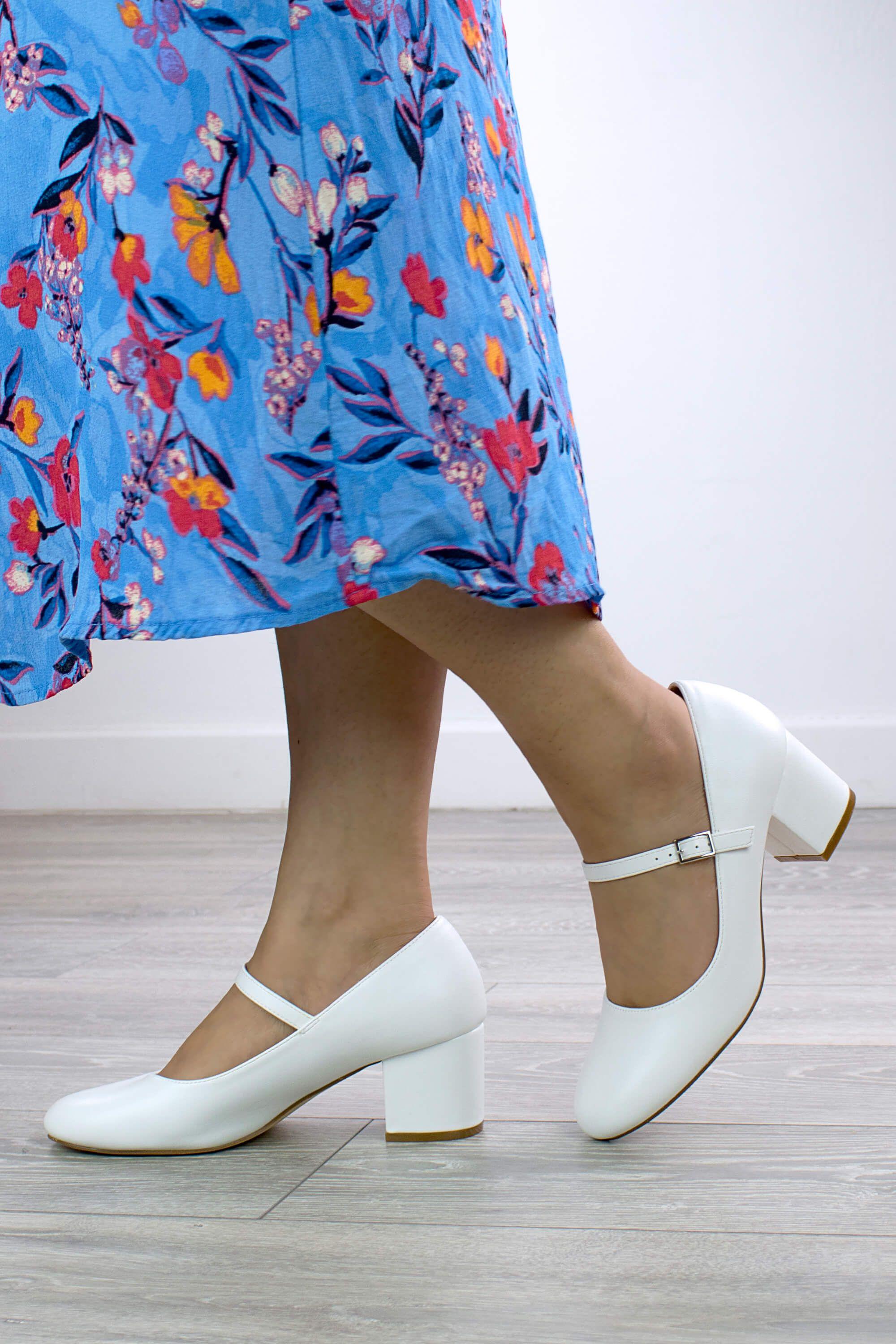 Mid Block Heel Mary Jane Comfort Faux Leather Court Shoes by AJVANI