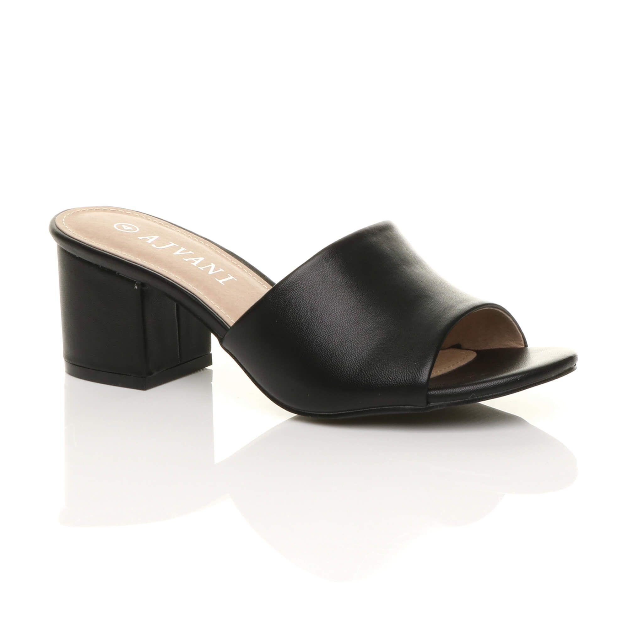 Mid Block Heel Peep Toe Mules Sandals by AJVANI