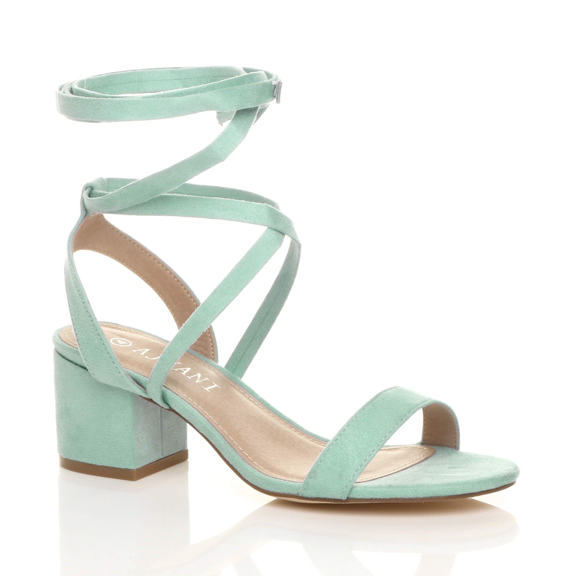 Mid Block Heel Tie Up Faux Suede Heeled Sandals by AJVANI