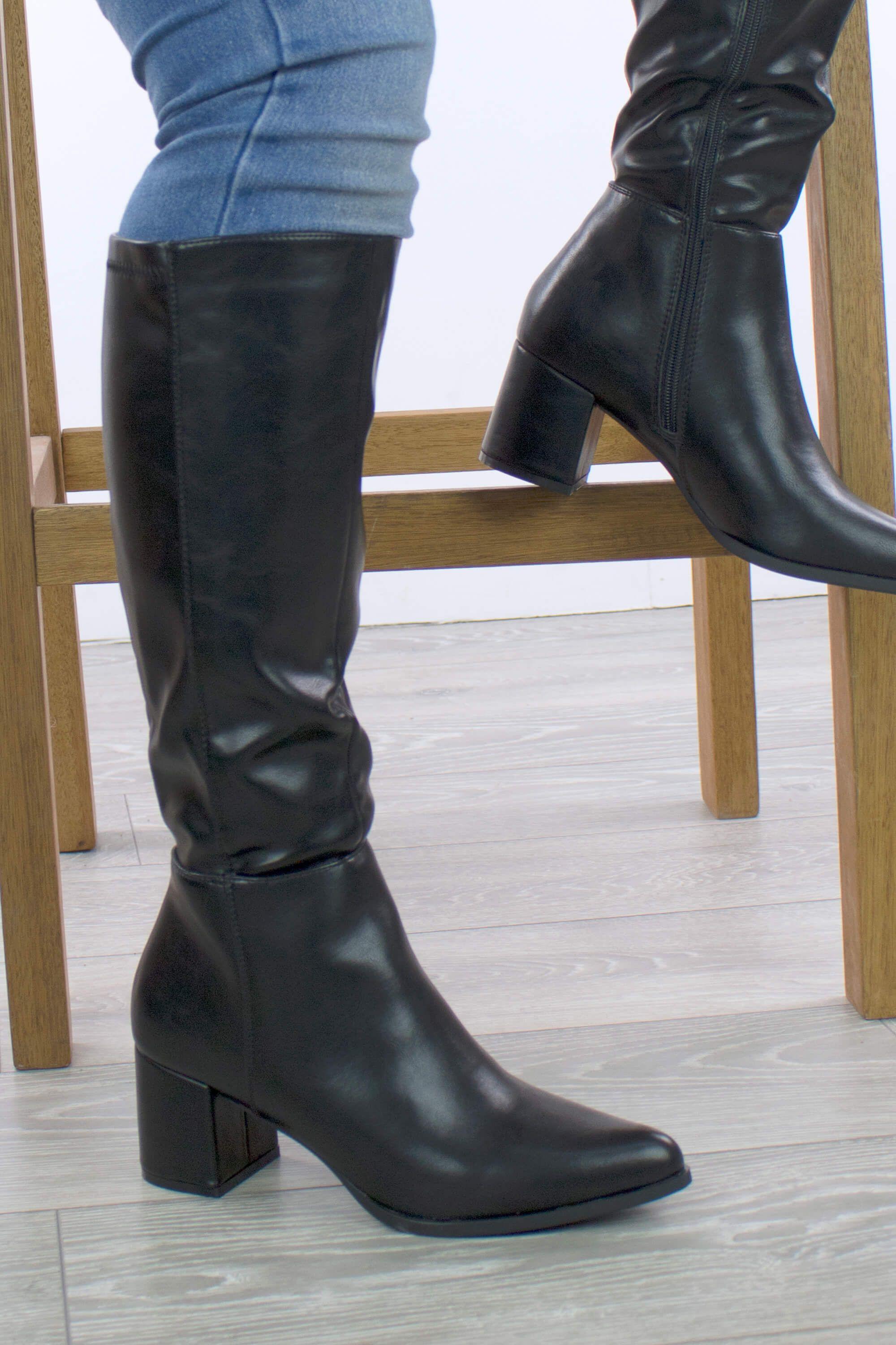Mid Heel Smart Casual Pointed Riding Calf Boots by AJVANI