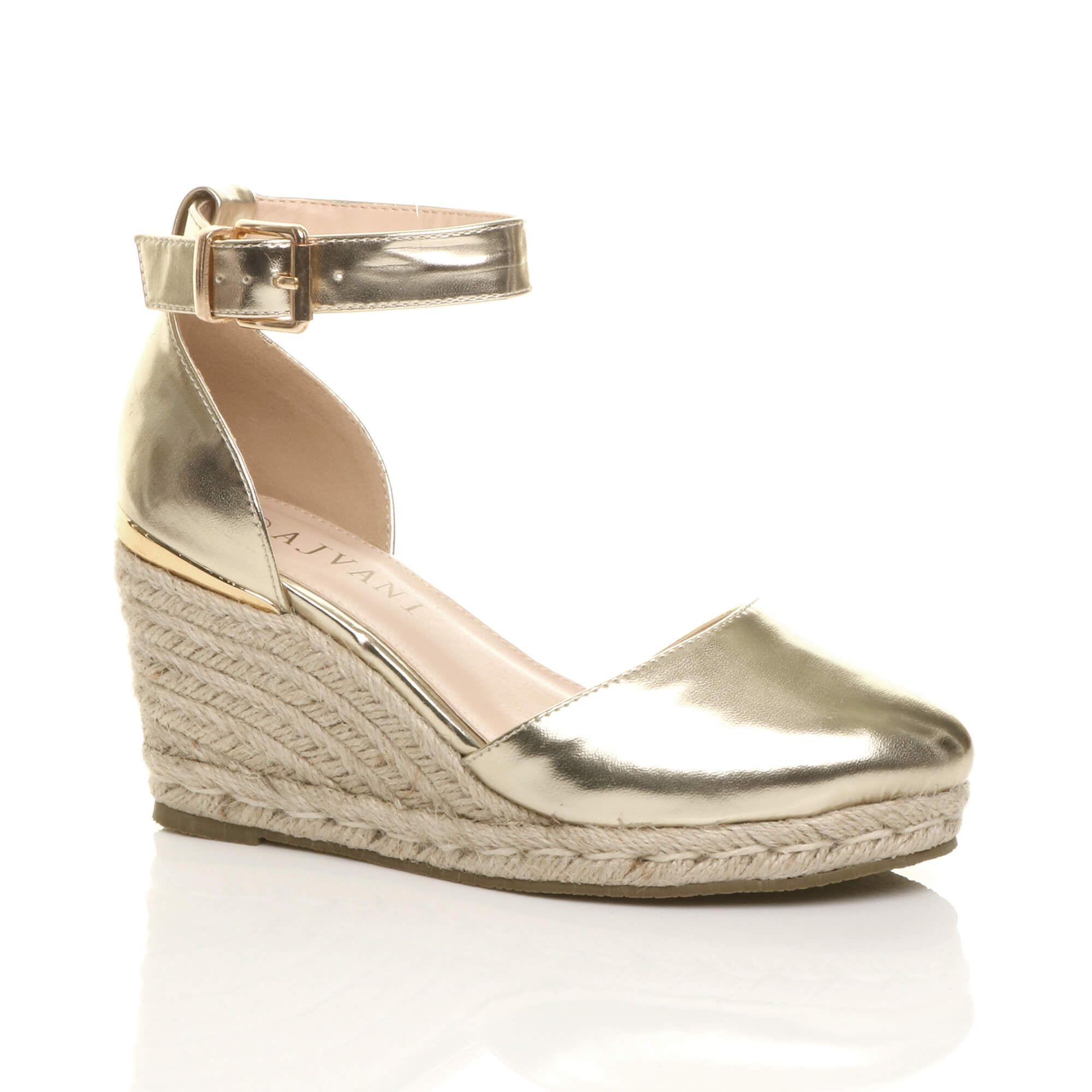 Mid Wedge Heel Ankle Strap Espadrille Faux Leather Heeled Sandals by AJVANI