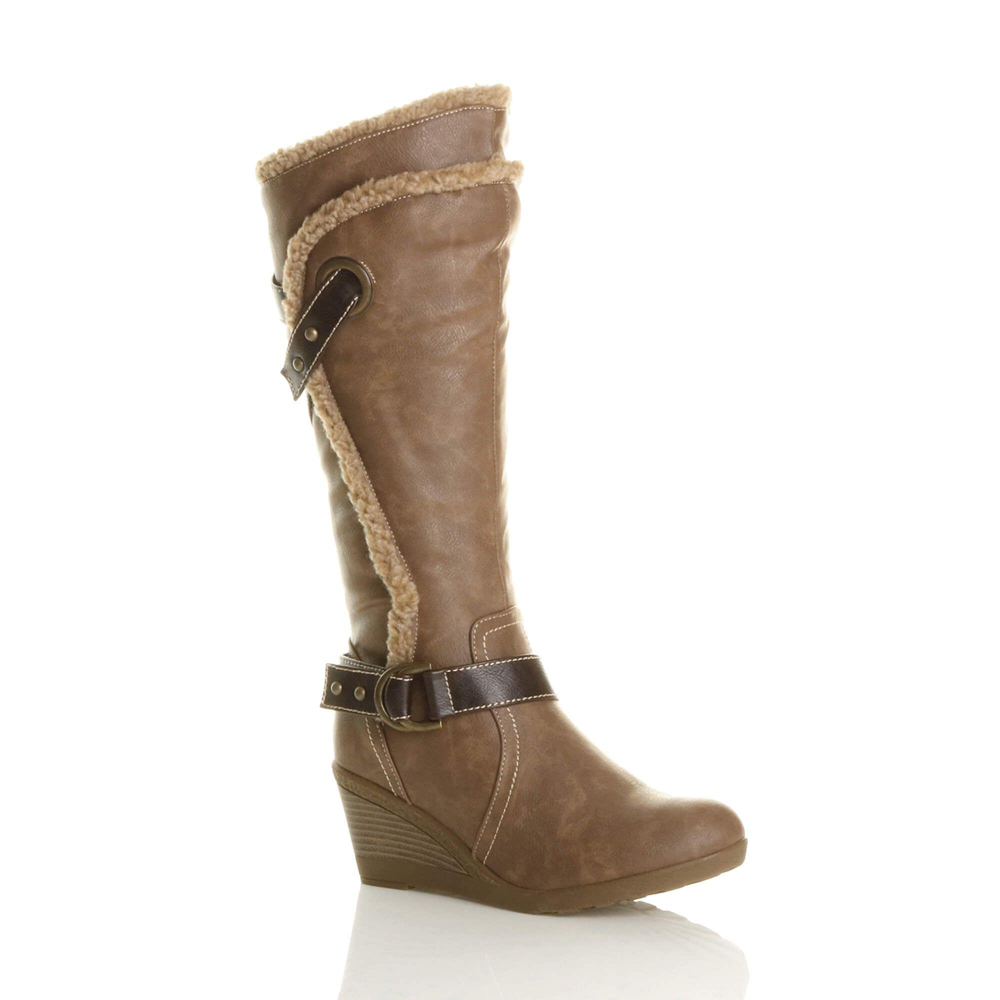 Mid Wedge Heel Faux Fur Trim Biker  Calf Boots by AJVANI