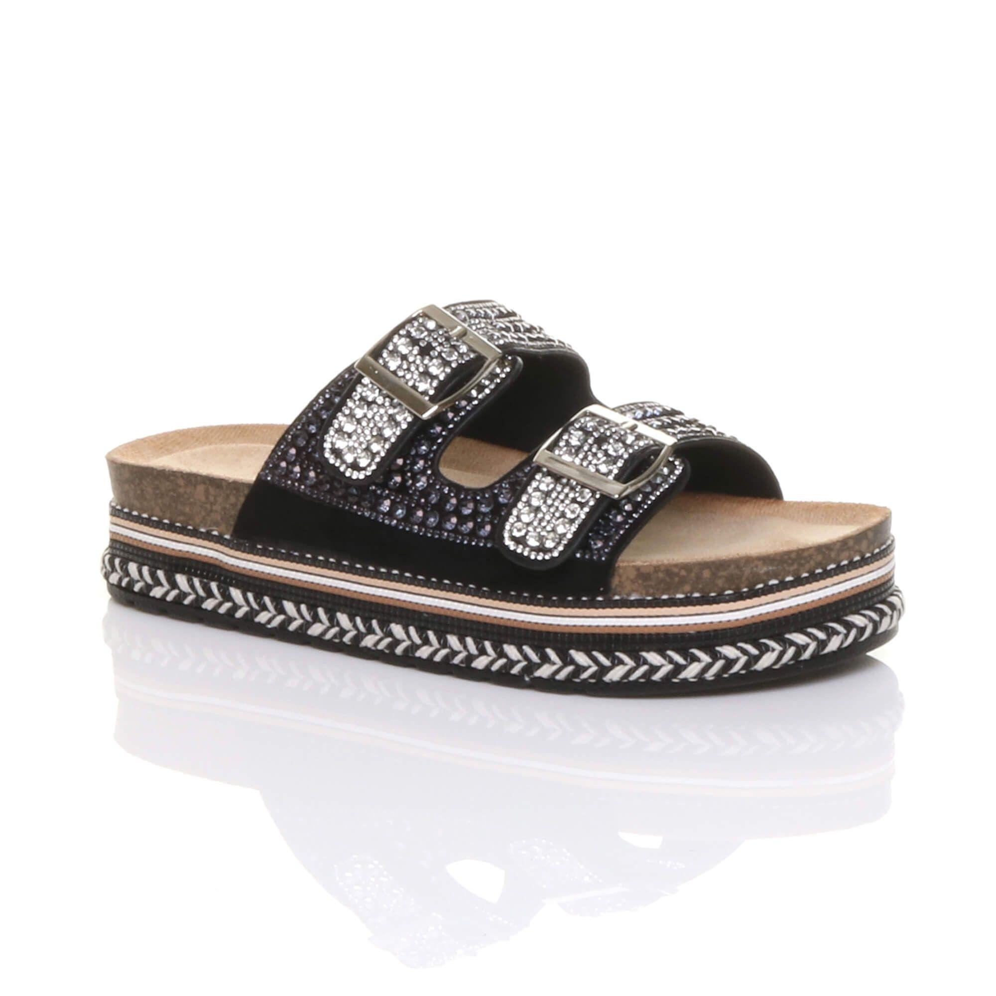 Platform Chunky Sole Diamante Buckle Footbed Sandals by AJVANI