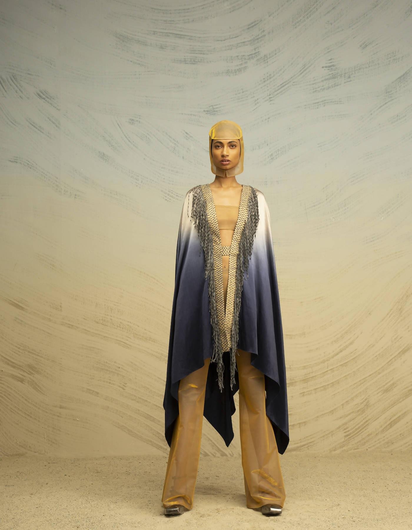 Textured Satin Cape with Fringes by AKHL