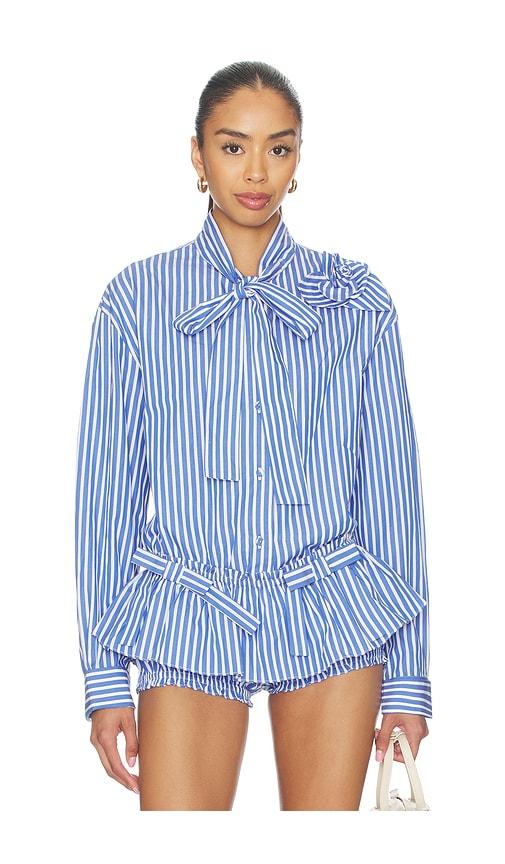 AKNVAS Flor Poplin Deep Blue Stripe Shirt With One Rose in Blue by AKNVAS
