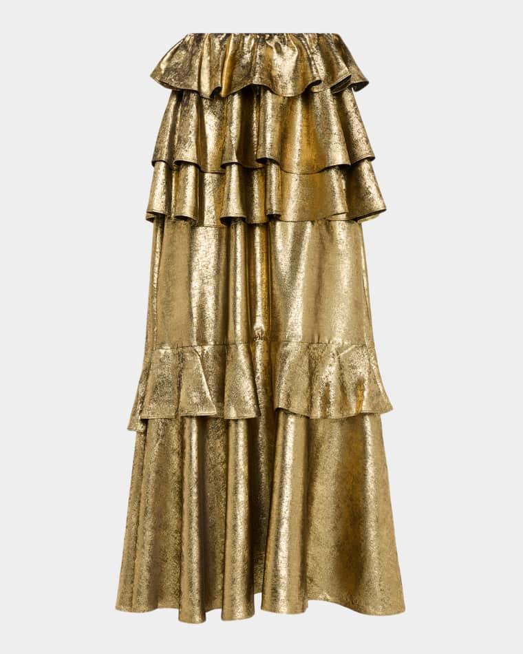Vilhelmine Metallic Tiered Maxi Skirt by AKNVAS