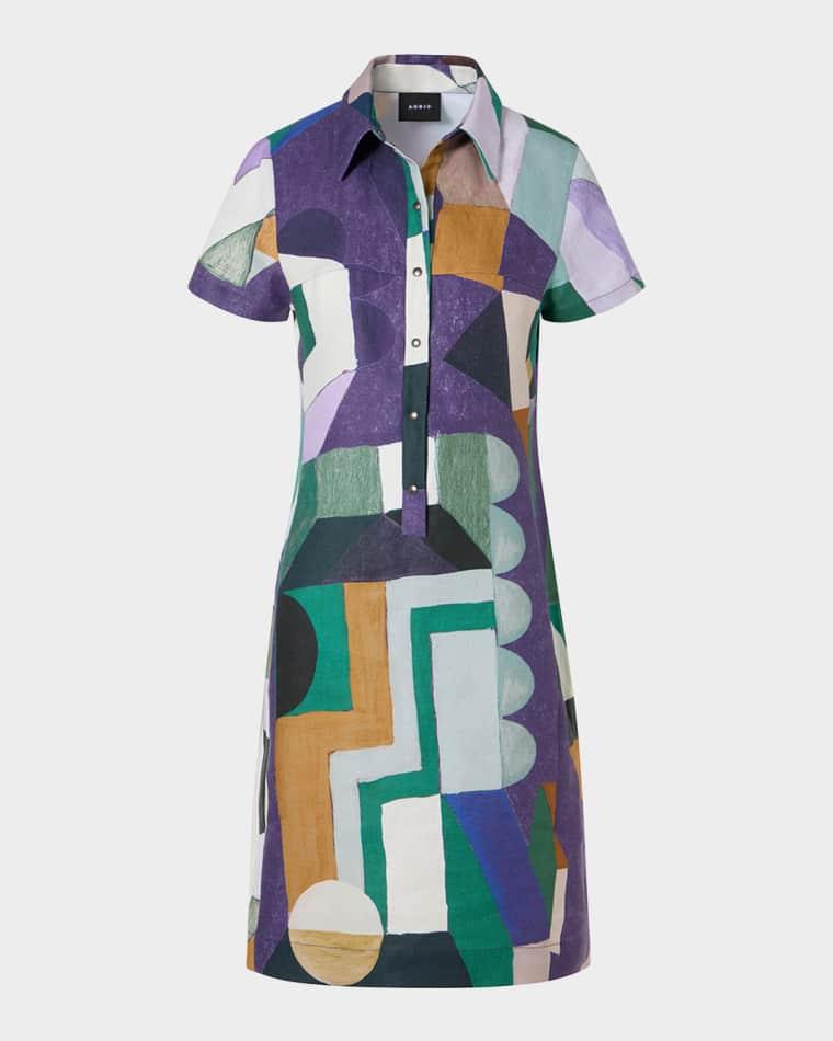 Abstract-Print Linen Short-Sleeve Polo Dress by AKRIS