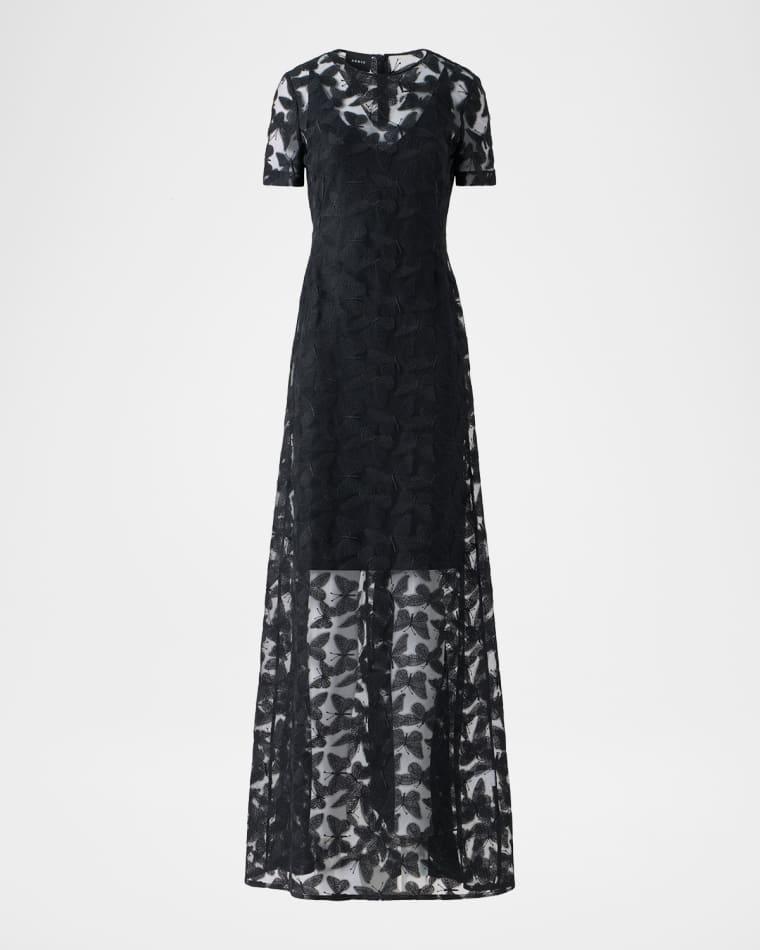 Butterfly Embroidered Sheer Tulle Short-Sleeve Gown by AKRIS