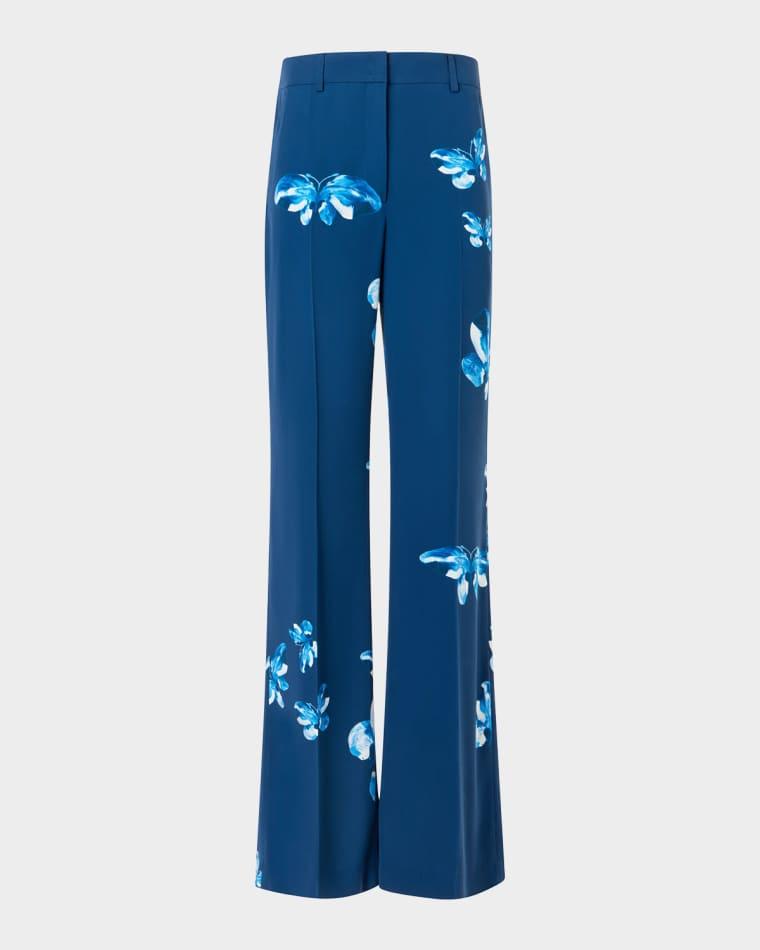 Butterfly-Print Silk Bootcut-Leg Trousers by AKRIS