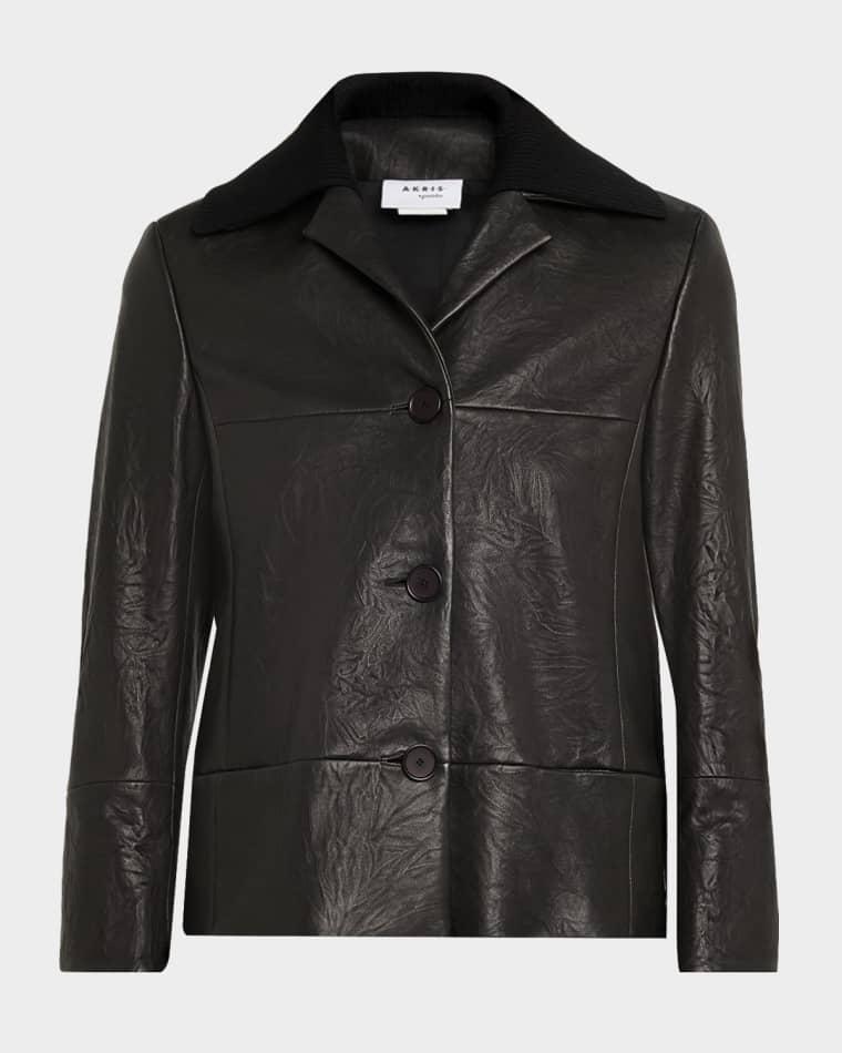 Crinkled Leather Jacket With Detachable Knit Collar by AKRIS