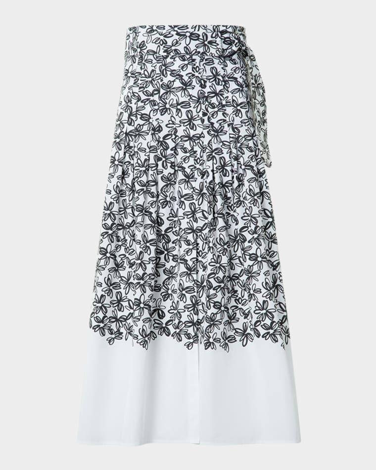 Daisy-Print Cotton Poplin Pleated Midi Skirt With Belt by AKRIS