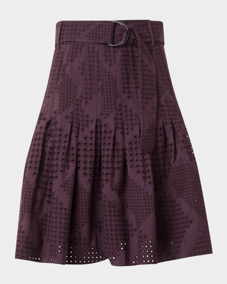 Diamond Eyelet Cotton Poplin Belted Flare Skirt by AKRIS