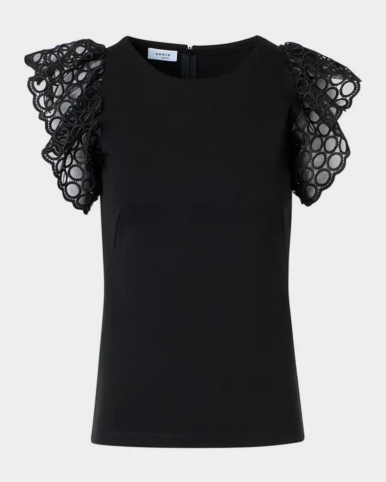 Embroidered Flutter-Sleeve Jersey Top by AKRIS