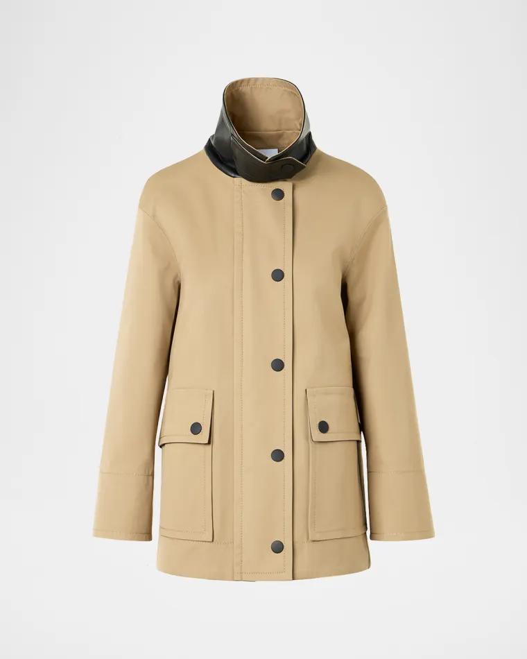 Faux-Leather Collar Cotton Gabardine Parka Jacket by AKRIS